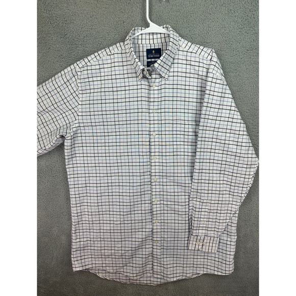 Stafford Dress Shirt Men's Size 17.5 Tall White Check Wrinkle Free OxFord Preppy